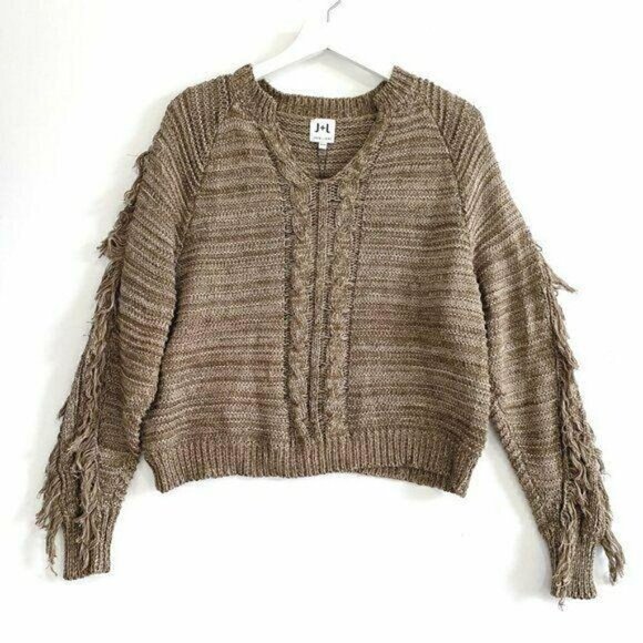 NWT John + Jenn Cable Knit Fringe Sleeve Cotton Sweater, Size M - Picture 2 of 8